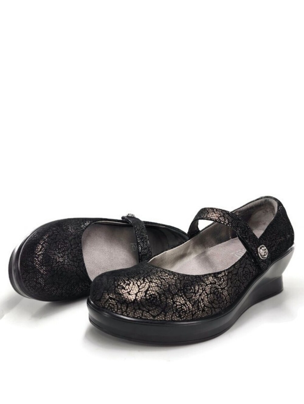 Alegria Flair Florette Black Silver Pewter Floral Demi Wedge Mary-Jane Clogs